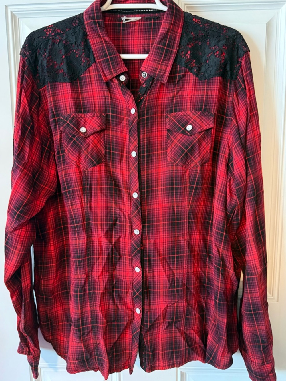 Harley-Davidson Red and Black Plaid Lace-Yoke Button-Up Shirt
